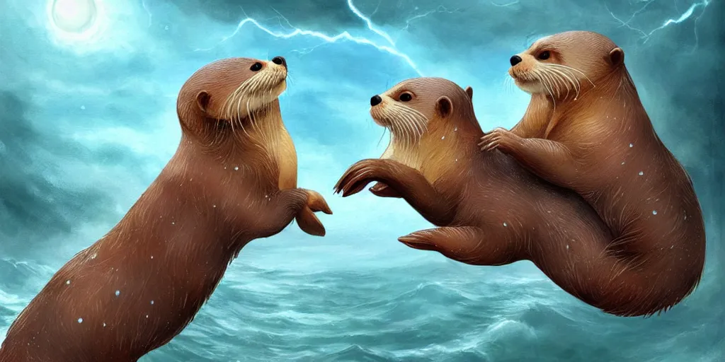 Prompt: beautiful fantasy illustration of a pair of adorable otters falling in love holding hands in a huge storm at sea cinematic dreamlike detailed trending on artstation masterpiece