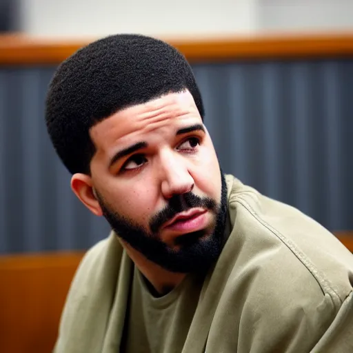 Prompt: Aubrey Drake Graham in a trial in court, dslr photograph