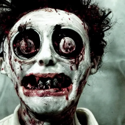 Image similar to mad scientist with a burnt face, creepy, eerie, horror movie still