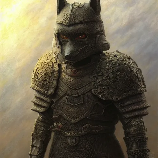 Image similar to berserk black armor, anthropomorphic shiba inu, realistic face realistic visible face, in berserk black armor, stuning 3 d render, masterpiece, glowing aura, by donato giancola and greg rutkowski and wayne barlow and zdzisław beksinski