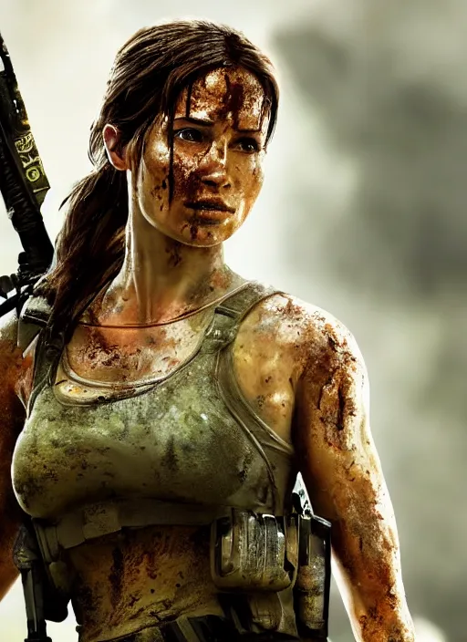 Image similar to a film still of lara croft as swat cop, her face muddy and sweat, direct sun light, close up potrait, cinematic,