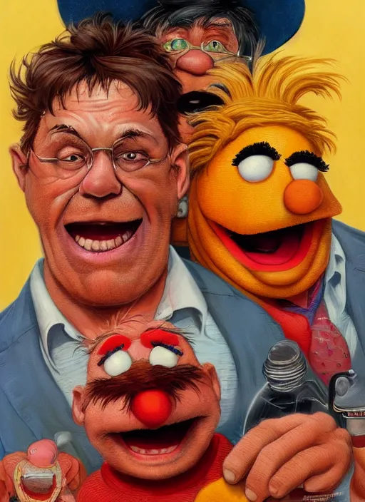 Image similar to portrait Bert and Ernie fused together in Society (1989), highly detailed, centered, solid color background, digital painting, artstation, concept art, smooth, sharp focus, illustration, artgerm, donato giancola, Joseph Christian Leyendecker, Les Edwards, Ed Repka, WLOP, Artgerm