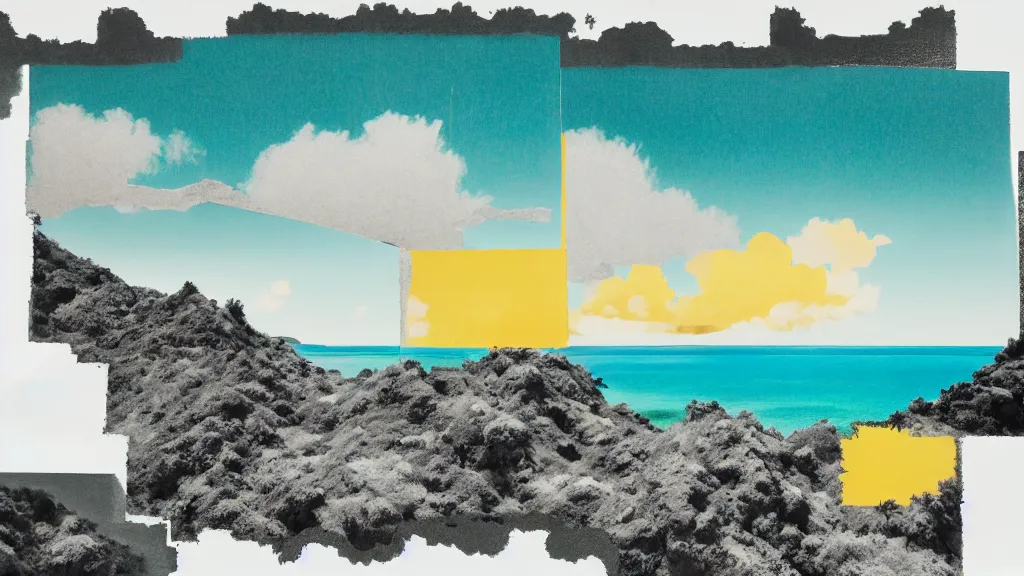 Image similar to dramatic landscape of amami oshima, japan, a collage painting, in the style of wes anderson, lola dupre, david hockney, isolated on negative white space background dark monochrome neon fluorescent spraypaint accents volumetric octane render