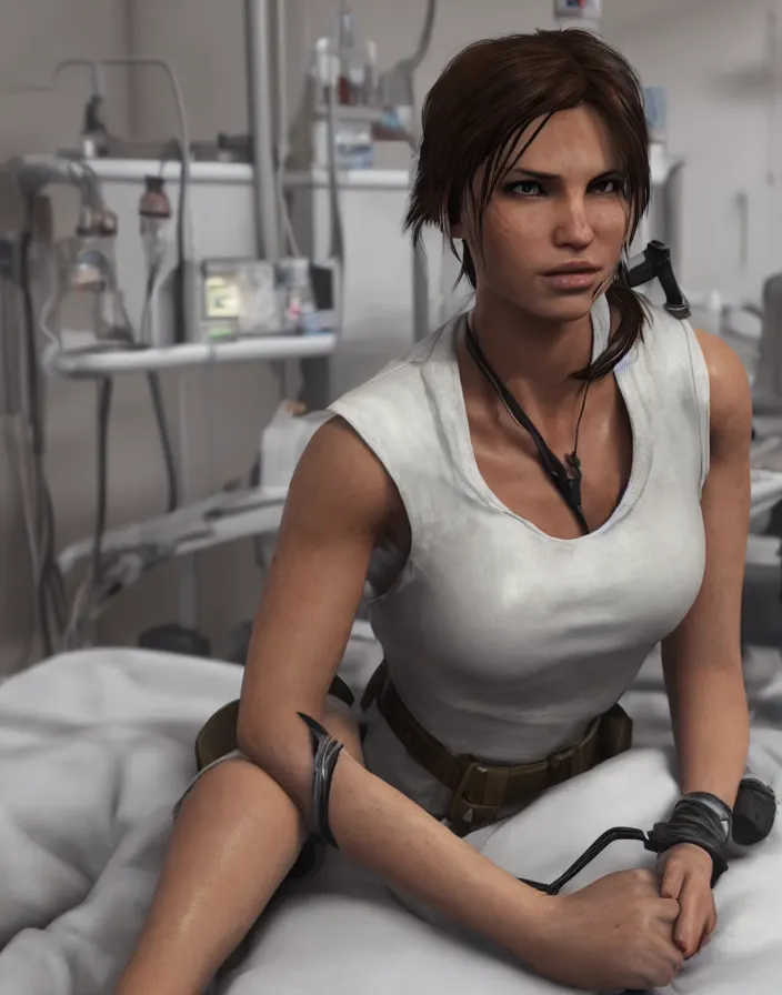 Image similar to lara croft, wearing a nurse outfit, resting on a hospital bed, real photo, hospital interior, intricate, soft lighting, cinematic composition, hyper realistic, 8k resolution, unreal engine 5