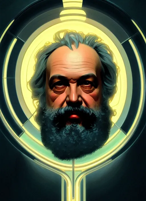 Image similar to symmetry!! portrait of karl marx, sci - fi, glowing lights!! intricate, elegant, highly detailed, digital painting, artstation, concept art, smooth, sharp focus, illustration, art by artgerm and greg rutkowski and alphonse mucha, 8 k