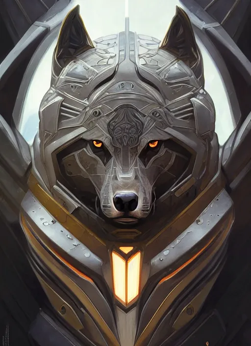 Image similar to symmetry!! portrait of a wolf, sci - fi armour! muscular, fantasy, intricate, elegant, highly detailed, digital painting, artstation, concept art, smooth, sharp focus, illustration, art by artgerm and greg rutkowski and alphonse mucha