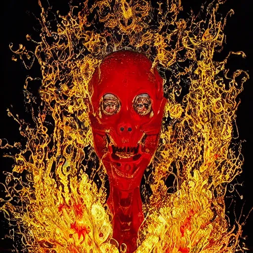Prompt: beautiful intricately detailed unsettling terrifying objects that make me feel scared made of liquid mercury and exploding liquid nitrogen, in a vibrant fine detailed modern fine art style by Marc Quinn and Damien Hirst with bright huge fireball explosions of colourful red and gold flame and holi powder