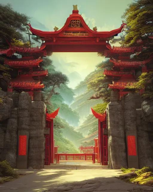 Prompt: tang dynasty shinto gate at the top of dragon mountain by peter mohrbacher and dan mumford and nekro, cgsociety, volumetric light, 3 d render