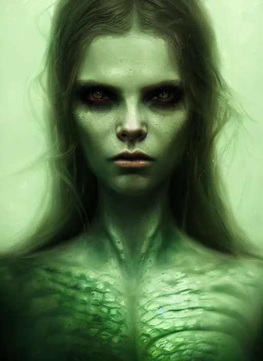 Image similar to portrait of a ominous girl, perfect green eyes, detailed reptile skin, ultra realistic, cinematic lighting, depth of field, artstation, Seb McKinnon
