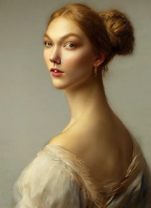 Prompt: A beautiful portrait of a Karlie Kloss, frontal, digital art by Eugene de Blaas and Ross Tran, vibrant color scheme, highly detailed, in the style of romanticism