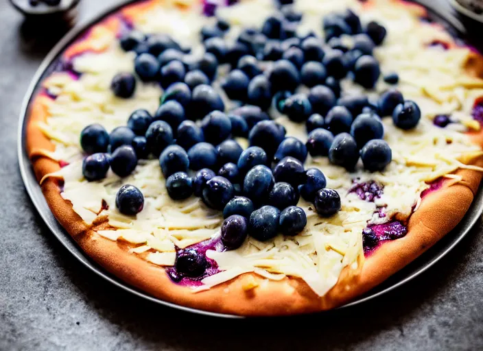 Image similar to A delicious plate of a big pizza with small blueberries on, extra cheese, close up food photography, studio lighting, Sigma 35mm f/1.4