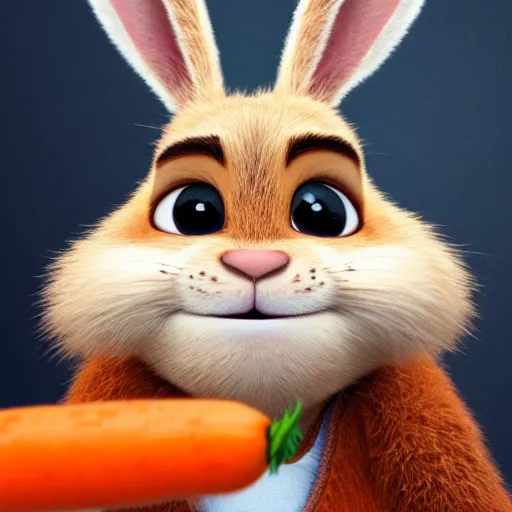 Image similar to portrait of a super cute bunny, eating a carrot, pixar, zootopia, cgi, blade runner. trending on artstation, smiling, friendly