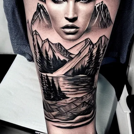 Prompt: double exposure effect tattoo design sketch of megan fox with beautiful mountain scenery, hyper - realistic, in the style of den yakovelev, amazing detail, sharp