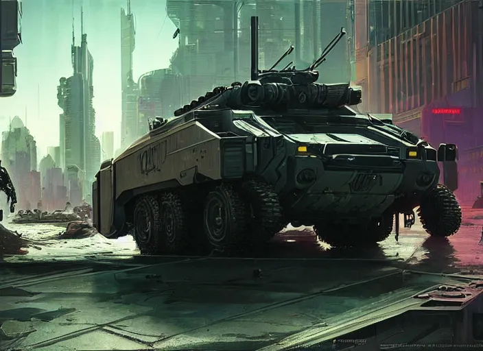 Prompt: A stryker armored vehicle as a Cyberpunk 2077 loading screen, intricate, dystopian, sci-fi, extremely detailed, digital painting, artstation, concept art, smooth, sharp focus, illustration, intimidating lighting, incredible art by artgerm and greg rutkowski and alphonse mucha and simon stalenhag