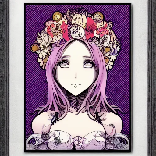 Image similar to anime manga skull portrait young woman hair floral crown fairytale comic jim lee skeleton illustration style by Alphonse Mucha warhol pop art nouveau
