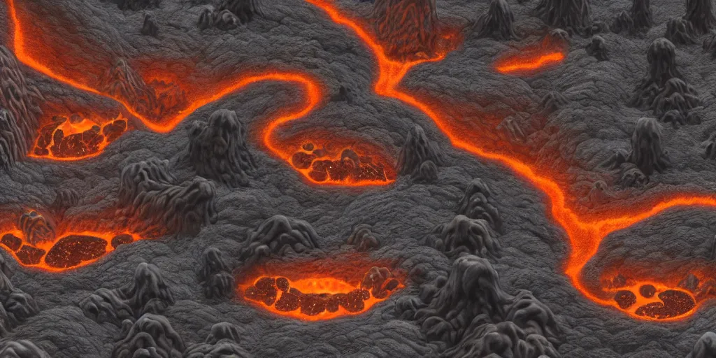Prompt: of a dark and smokey mountain with large strange cute friendly volcanic monsters made of lava with big eyes, mouth and round teeth appearing from the ground, in the style of Gaudi, macro lens, shallow depth of field, highly detailed, digital painting, trending artstation, concept art, illustration, cinematic lighting, vibrant colors, photorealism, epic, octane render