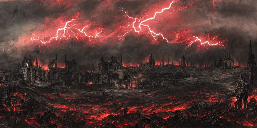 Prompt: a castle in distance in flames and ruins, the ground is dark and cracked, a large man in full plate of black armor, splattered in blood, riding a large black horse with red glowing eyes and red wisps emanating from it's eyes, blackened clouds cover sky crackling with lightning and rain in the distance,,