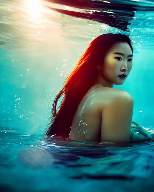 Image similar to portrait of asian woman underwater during sunrise, sunrays, aquaman aesthetic, caustics, rippling water, photoshoot, flowing hair, elegant, iconic, fine-art, masterpiece, cinematic, trending on artstation