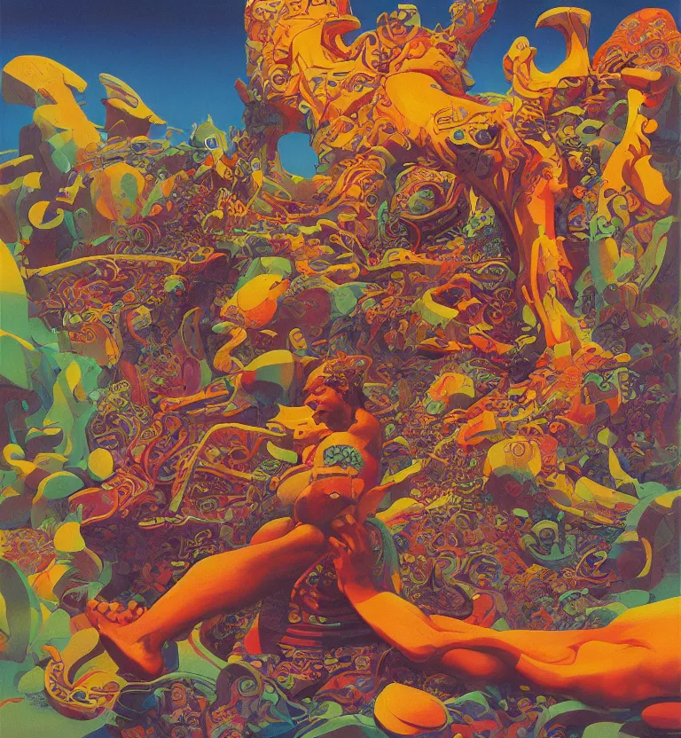 Prompt: colourful biomorphic temple, jimi hendrix full body, by pascal blanche and moebius and roger dean and syd mead and james jean and beksinski and greg hildebrandt, 8 k