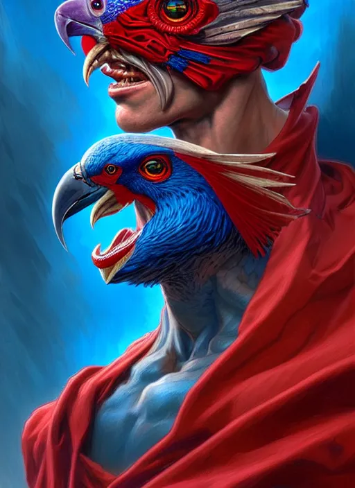 Prompt: portrait of aggressive pigeon humanoid, d & d, muscular! blue and red, fantasy, intricate, elegant, highly detailed, digital painting, artstation, concept art, smooth, sharp focus, illustration, art by artgerm and greg rutkowski and alphonse mucha