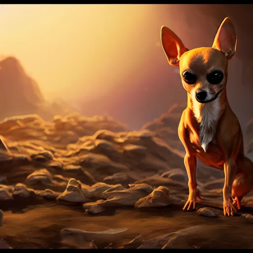 Image similar to humanoid chihuahua living in an extradimensional reality where it is a god, in the style of wlop, illustration, epic, fantasy, hyper detailed, smooth, unreal engine, sharp focus, ray tracing, physically based rendering, renderman, beautiful