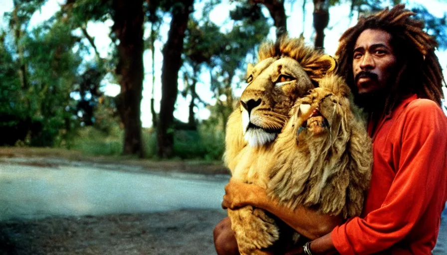 Image similar to 7 0 s film still from a movie about a rastafarian and his pet lion, kodachrome, cinecolor, cinestill, film grain, film texture, retro, cinematic, high resolution, photorealism,