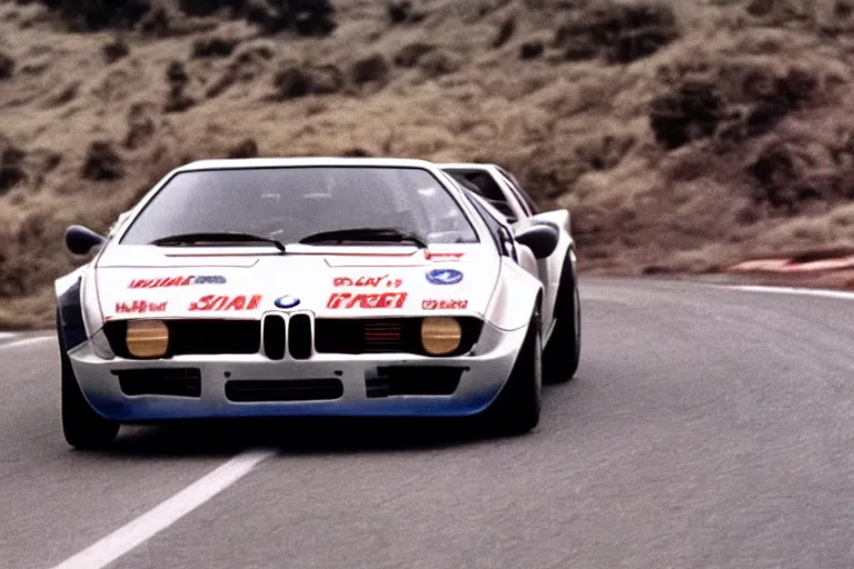 Image similar to BMW M1 Stratos!!!!!!!!!!, movie still, speed, cinematic Eastman 5384 film