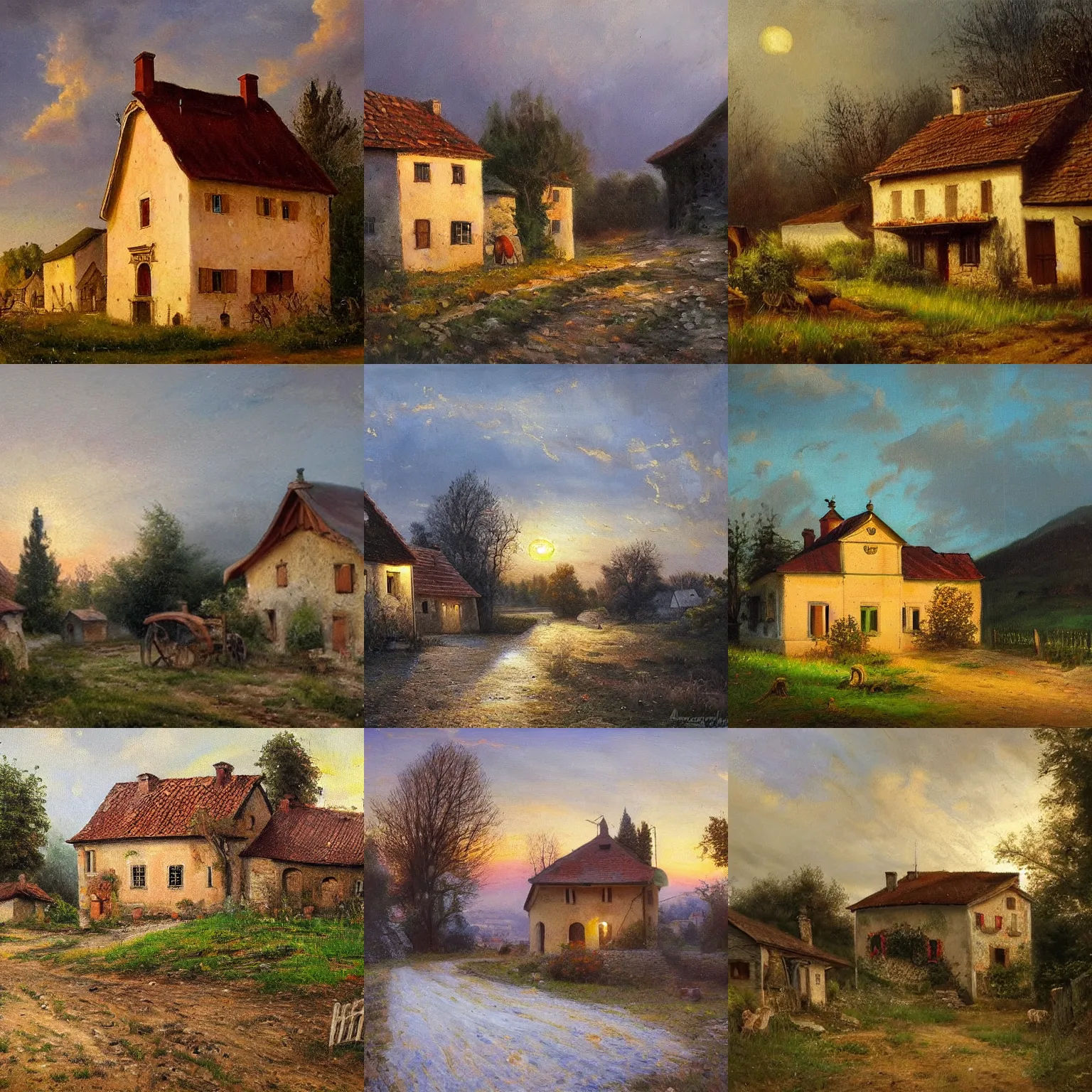 Prompt: a 1 9 th century, old hungarian village house. atmoshperical, twilight, natural lighting, realistic, highly detailed, oil canvas, landscape by meszoly geza, mednyanszky laszlo, lotz karoly and szinyei merse pal