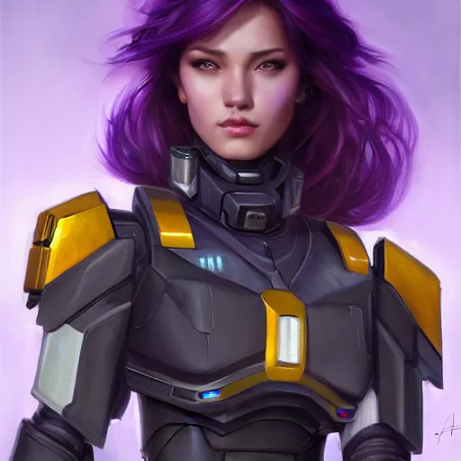 Image similar to a portrait of a very beautiful woman in battletech elemental clanner clan battle armor, Alexandria\'s genesis, chin-length purple hair, bored, illustration, soft lighting, soft details, painting oil on canvas by mark arian by artgerm, trending on artstation, 4k, 8k, HD