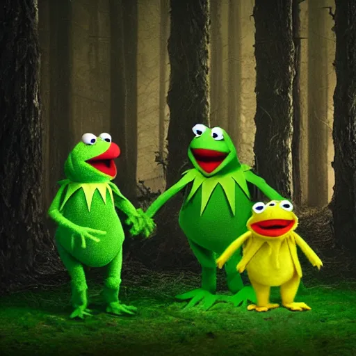 Image similar to demonic muppets in magical forest, kermit, elmo, dark atmosphere, soft lighting, high detail, 8 k