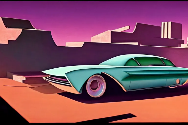 Prompt: a cinematic matte painting of a sleek 1 9 6 0 s vaporwave retro - futurism sci - fi car in a cluttered garage in the american southwest. cactus. by eric lafforgue, glennray tutor and edward hopper, greg rutkowski. trending on artstation.