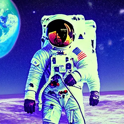 Image similar to an astronaut walking at the moon, vaporwave