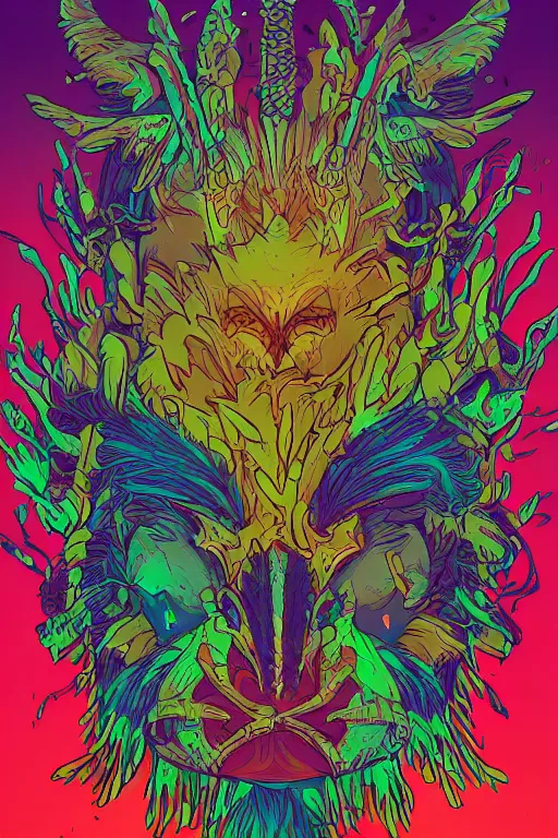 Image similar to animal mask totem roots tribal feather gemstone plant wood rock shaman vodoo video game vector illustration vivid multicolor borderlands comics by josan gonzales and dan mumford radiating a glowing aura