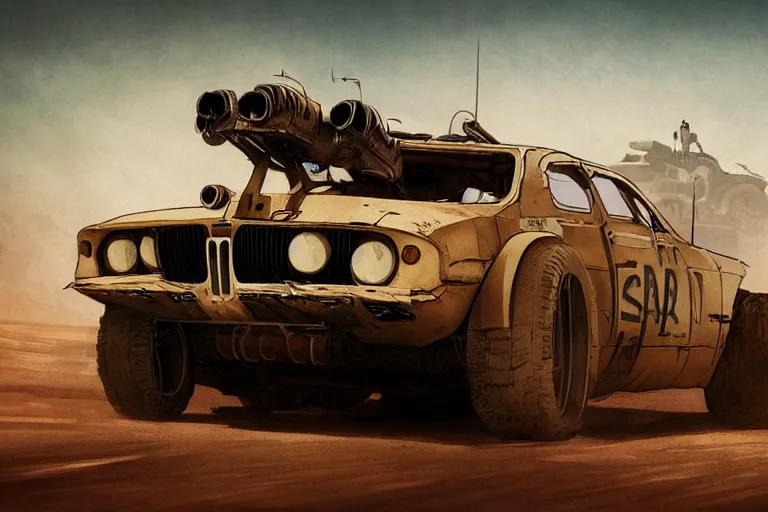 Prompt: dieselpunk digital illustration of mad max's bmw m 1 ( ( ( ( himars ) ) ) ) by makoto shinkai, ilya kuvshinov, lois van baarle, rossdraws, basquiat