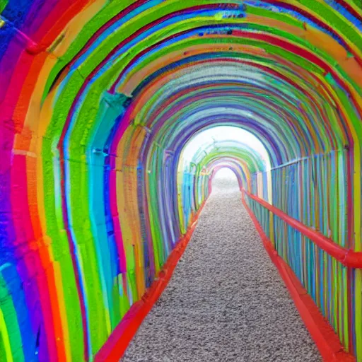 Prompt: A heart-shaped tunnel, rainbow colored walls, rainbow colored pebbles