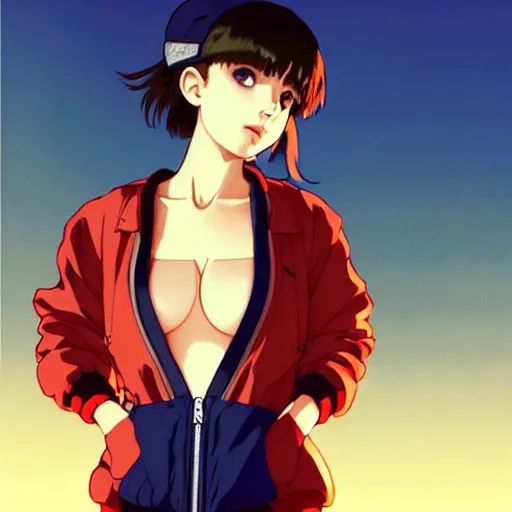 Image similar to a beautiful! boyish! natalie portman alluring gravure! model, wearing oversized mayan bomber jacket and leotard with overalls, bulky poofy bomber jacket with mayan patterns, gapmoe yandere grimdark, trending on pixiv fanbox, painted by greg rutkowski makoto shinkai takashi takeuchi studio ghibli, akihiko yoshida