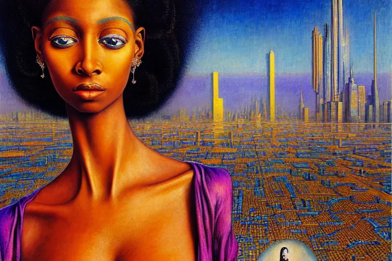 Image similar to realistic extremely detailed portrait painting of a beautiful black woman with in a dress a robot, city street on background by Jean Delville, Amano, Yves Tanguy, Ilya Repin, William Holman Hunt, Ernst Haeckel, Edward Robert Hughes, Roger Dean, rich moody colours