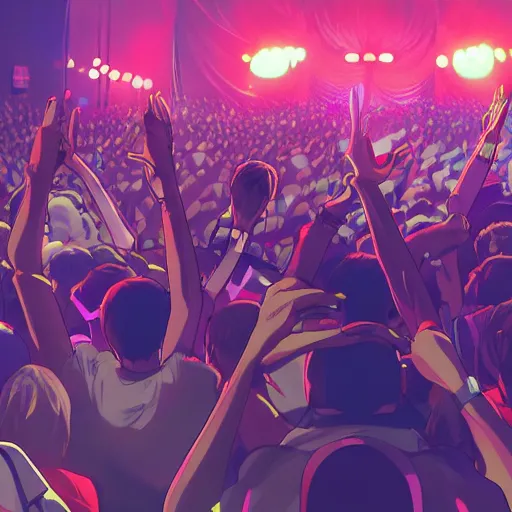 Prompt: 2 rappers on stage at concert, singing into microphone, large crowd, lasers for lights, in the style of anime art, image from crowd's perspective, very detailed,