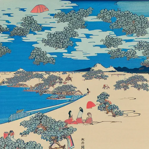 Prompt: French west beach with a blue sky in Hokusai style