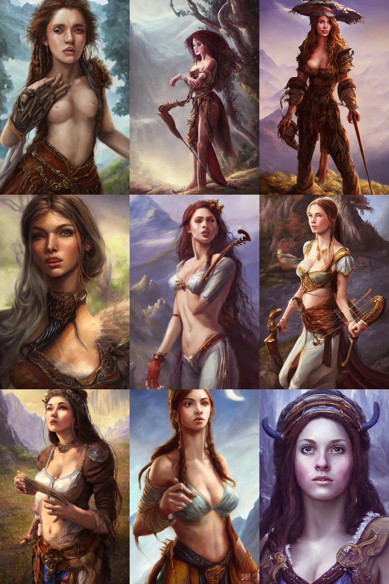 Image similar to a full body high detail fantasy portrait oil painting illustration of a single beautiful female bard by justin sweet with face and body clearly visible, in a scenic background, pretty eyes, realistic proportions, d & d, rpg, forgotten realms, artstation trending, high quality, sombre mood, artstation trending, muted colours, entire person visible!