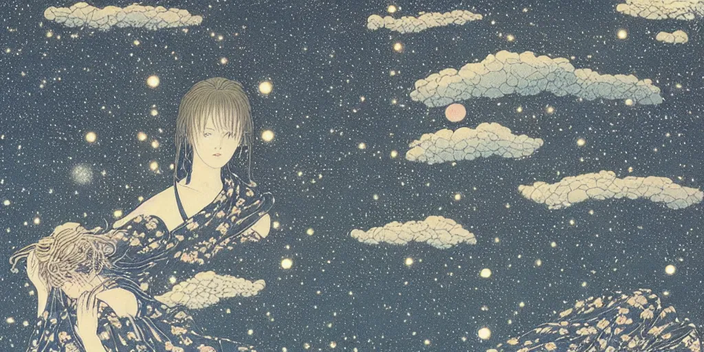 Image similar to stunning river landscape with sky full of galaxies by takato yamamoto