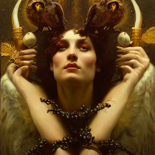 Image similar to highly detailed oil painting | very intricate | cinematic lighting | award - winning | wall mosaic of owls of nightmare relief | by roberto ferri, by tom bagshaw, by j. c. leyendecker and klimt, american romanticism, by austin osman spare, artstation, cgsociety, official art, octane