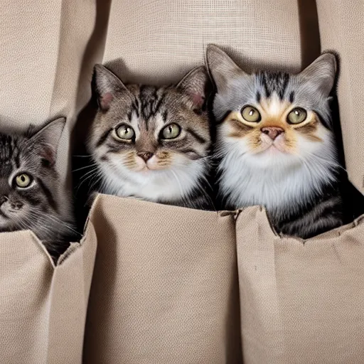 Image similar to a highly detailed photo of multiple furry cats, they are inside a big sack, gray background, studio lighting, 4 k, 8 k