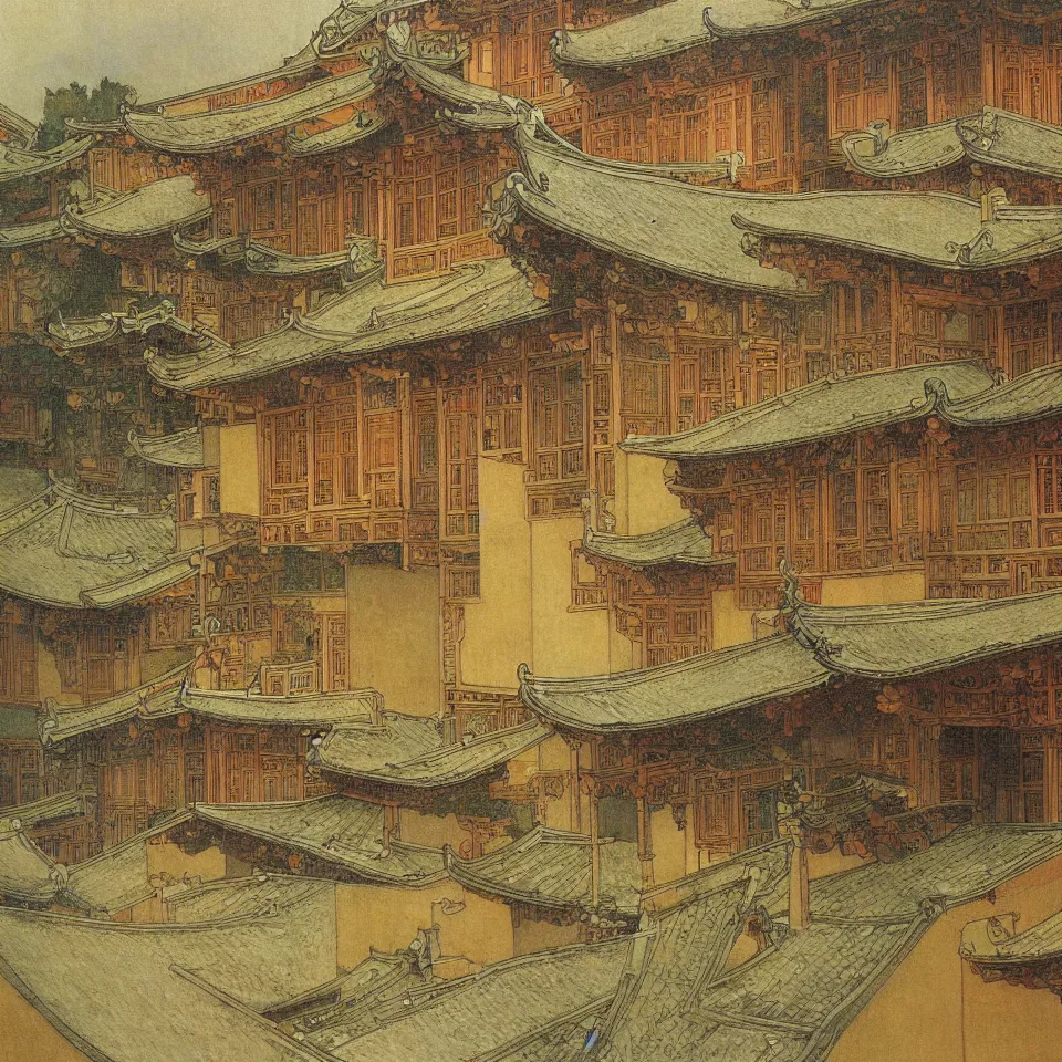 Prompt: a painting of abstract buildings like hongcun ancient village houses by alphonse mucha