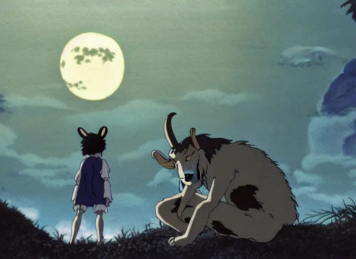 Image similar to a still from a studio ghibli movie of a cartoon half goat half man from princess mononoke ( 1 9 9 7 ), in front of a pale full moon, full body, wide shot, very dull muted colors, studio ghibli, highly detailed, deviantart, art by artgem