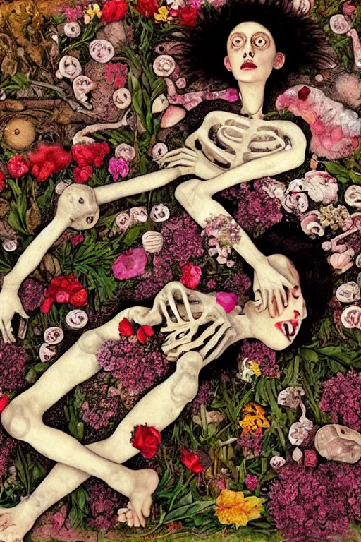 Image similar to a woman laying ing on a bed of flowers and bones, large eyes and lips, HD Mixed media collage, depth of field, highly detailed and intricate, surreal illustration in the style of Caravaggio and Egon Schiele, baroque dark art