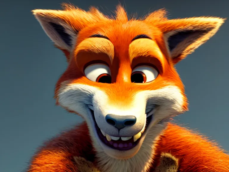 Image similar to a film still from zootopia main character portrait anthro anthropomorphic fox head animal person fursona nick wilde pixar and disney animation, sharp, rendered in unreal engine 5, anime key art by greg rutkowski, bloom, dramatic lighting chaotic cursed werewolf