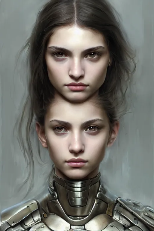 Image similar to a photorealistic painted portrait of an attractive young girl, partially clothed in dull metal-plated battle armor, olive skin, long dark hair, beautiful bone structure, symmetric facial features, photorealistic eyes, natural physique, intricate, elegant, digital painting, concept art, finely detailed, beautifully illustrated, sharp focus, minimal artifacts, from Metal Gear, by Ruan Jia and Mandy Jurgens and Artgerm and William-Adolphe Bouguerea, in the style of Greg Rutkowski, trending on Artstation, award winning