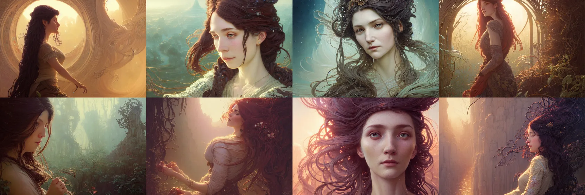 Image similar to highly detailed portrait of a woman with long hairs, stephen bliss, unreal engine, fantasy art by greg rutkowski, art nouveau, loish, rhads, ferdinand knab, makoto shinkai and lois van baarle, ilya kuvshinov, rossdraws, tom bagshaw, alphonse mucha, global illumination, radiant light, detailed and intricate environment