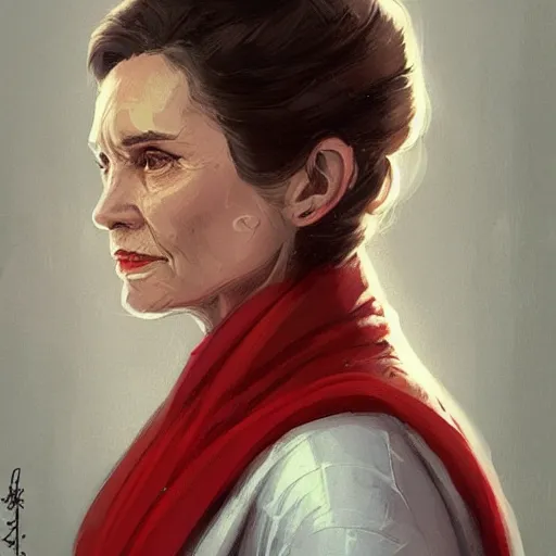 Image similar to portrait of a woman by Greg Rutkowski, Leia Organa as a Senator of the Galactic Alliance, she is about 70 years old, wearing red and white robes, Star Wars Expanded Universe, highly detailed portrait, digital painting, artstation, concept art, smooth, sharp foccus ilustration, Artstation HQ